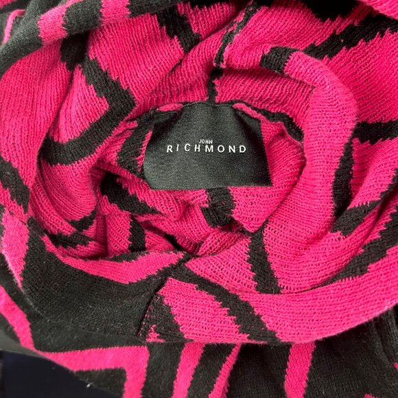 John Richmond Black & Pink Hooded Poncho Scarf With Fringes Made in Italy - Picture 3 of 6